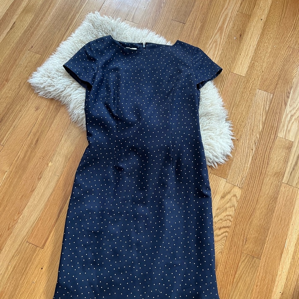 Blue and white polka dot sheath dress.